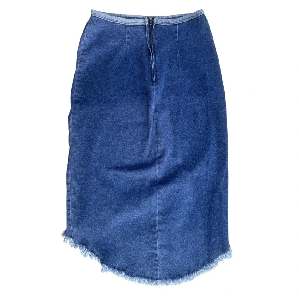 Lipstick O'Amore Vintage Denim Skirt Small Stretch High Low Frayed Y2K Midi Blue